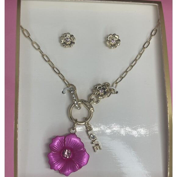 Guess Gold Tone Crystal Floral Necklace Earrings(2 Piece Set)Trendy Fashion Chic - Picture 1 of 16